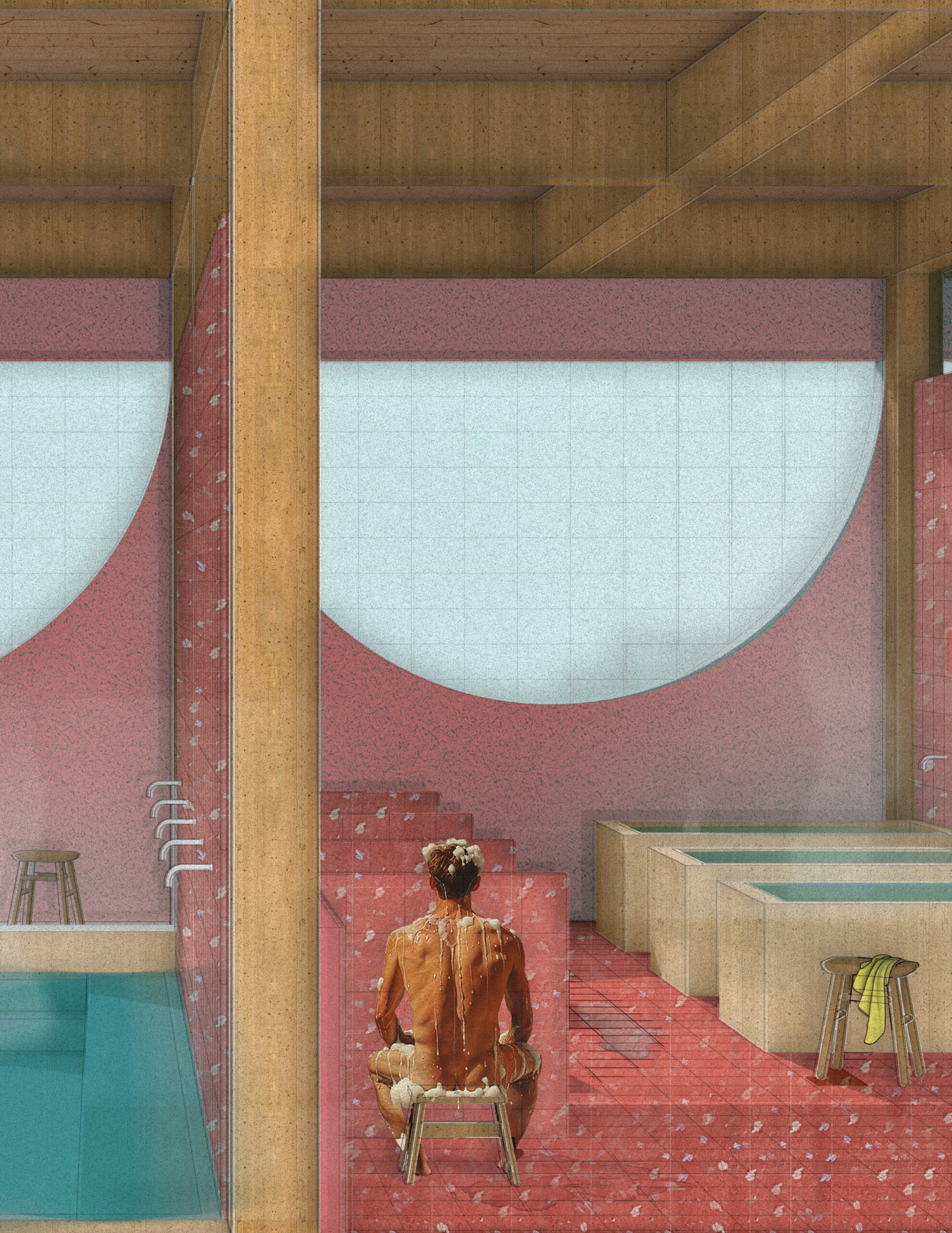 A man sitting outside a pink public bath space with this back facing the image.