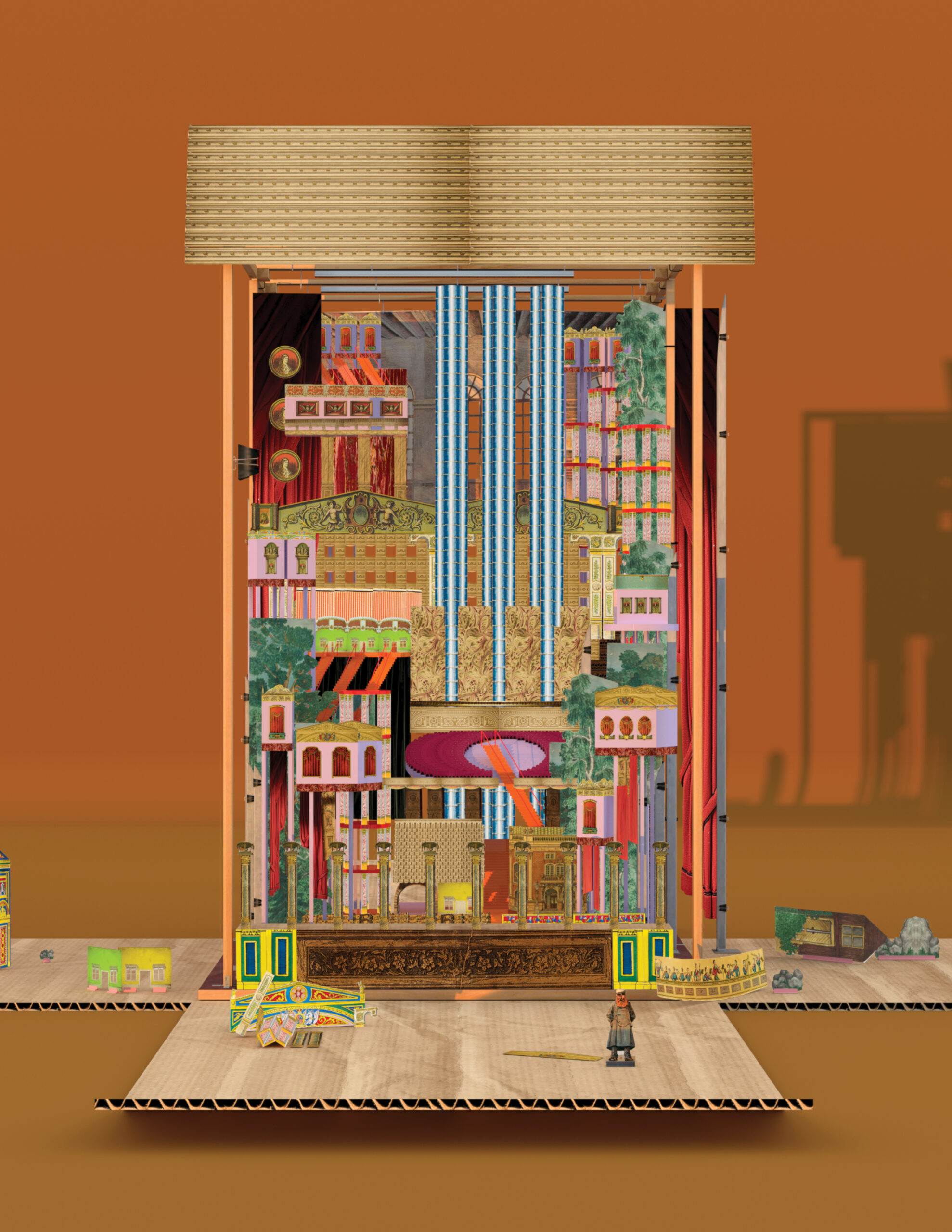 A mixed use art of a proposition studio with multiple layers of building facade elements. 