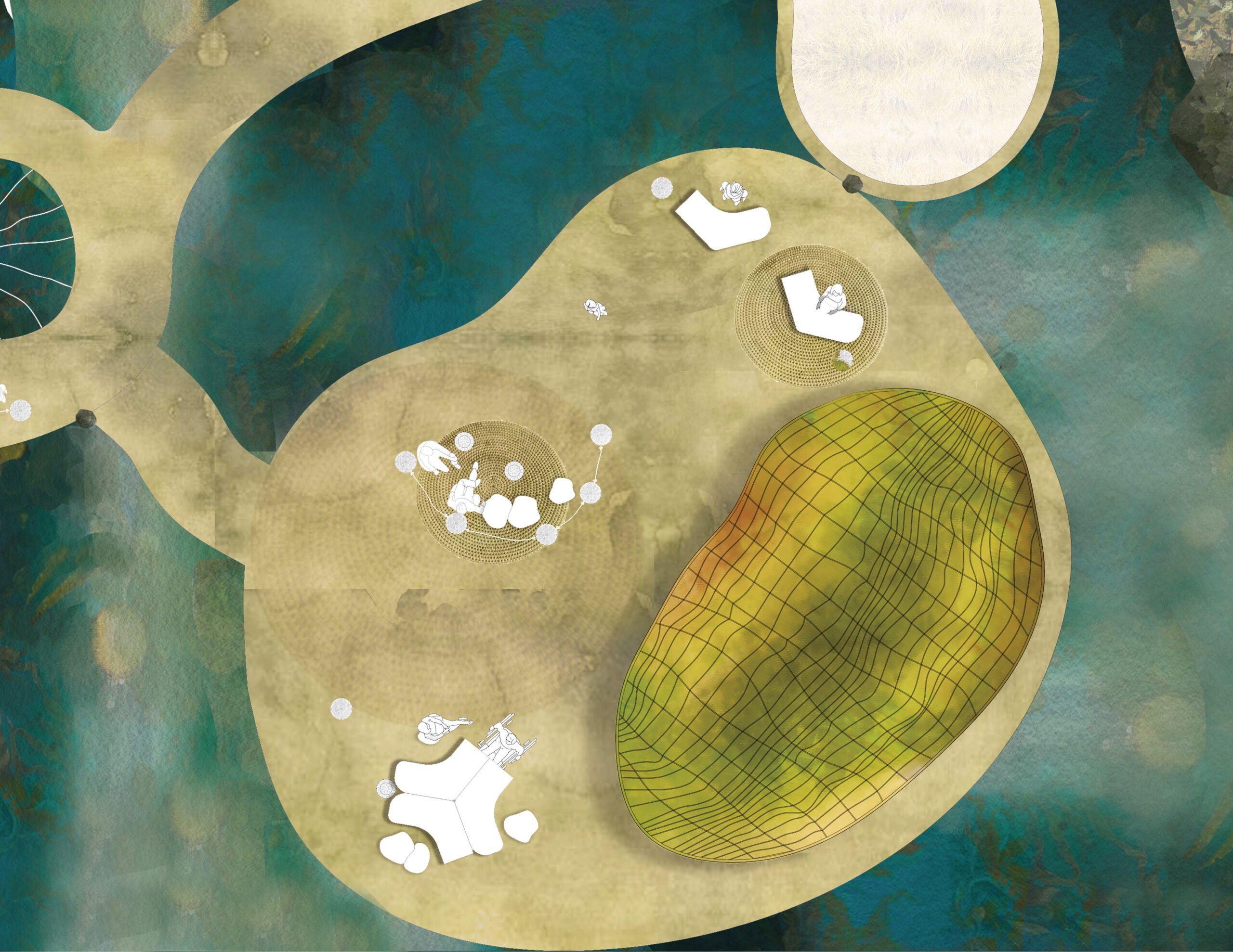 A hand drawn and painted illustration of the top view of the floating spaces 