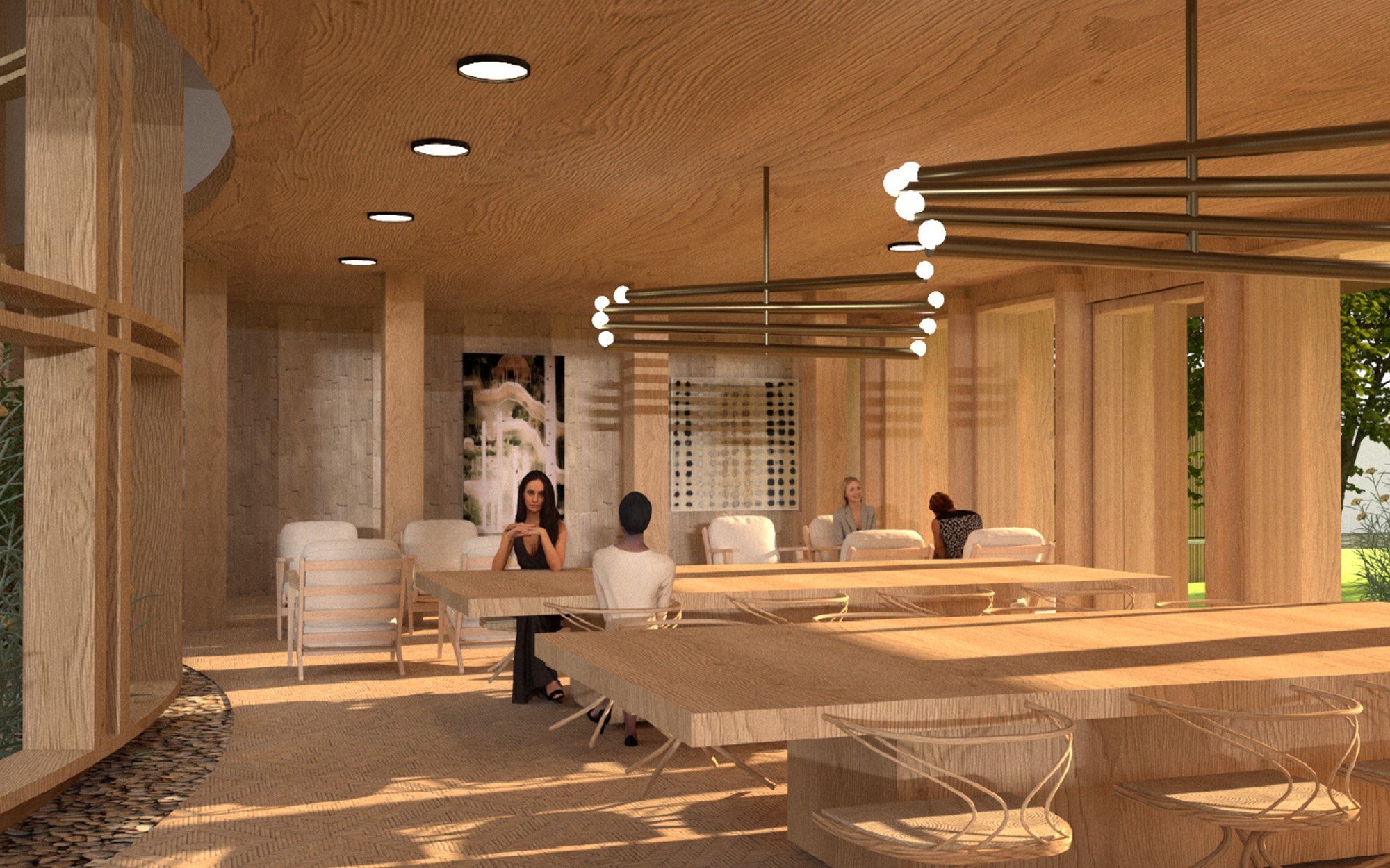 Rendering of the interior of the space with people sitting around wooden block tables and large pipe pendant lights.