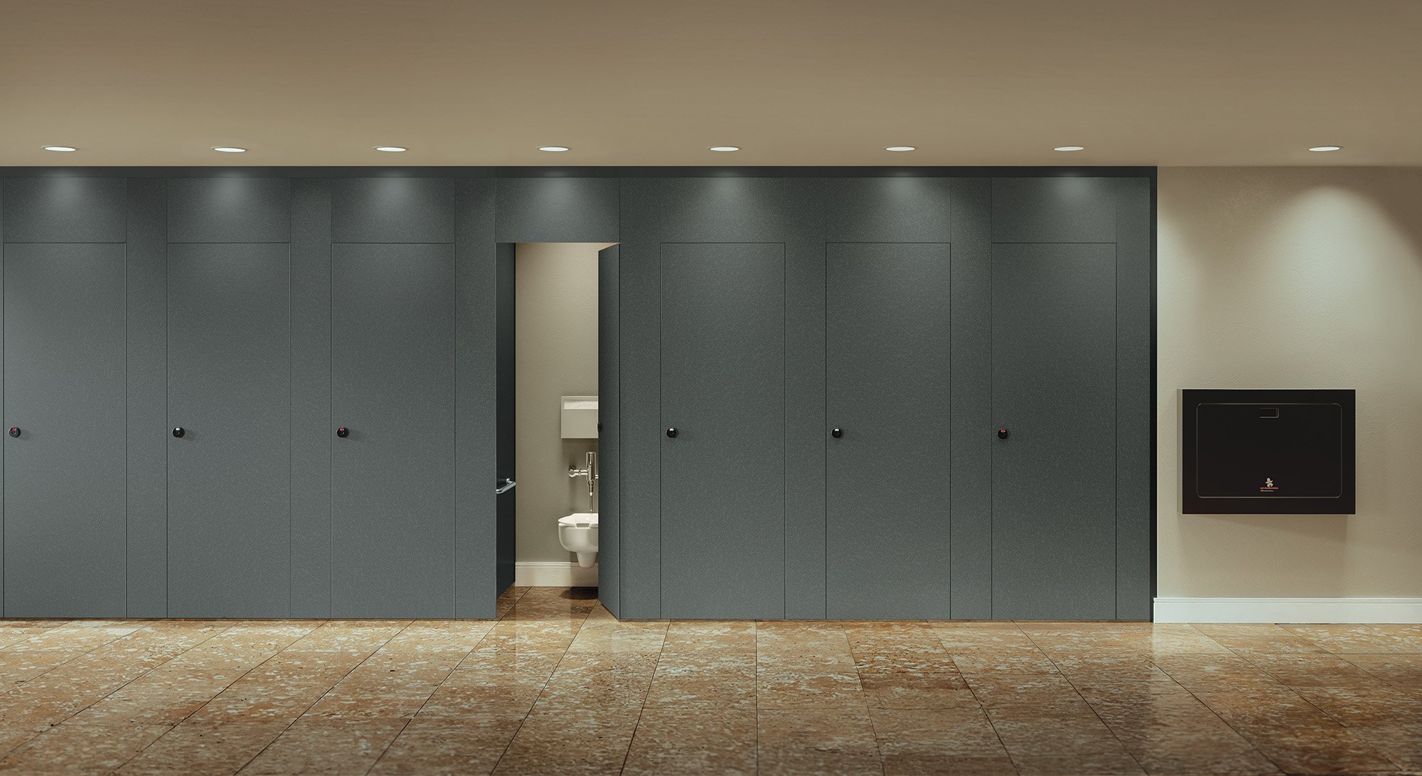 A bathroom corridor with multiple cubicle partitions made in grey. 