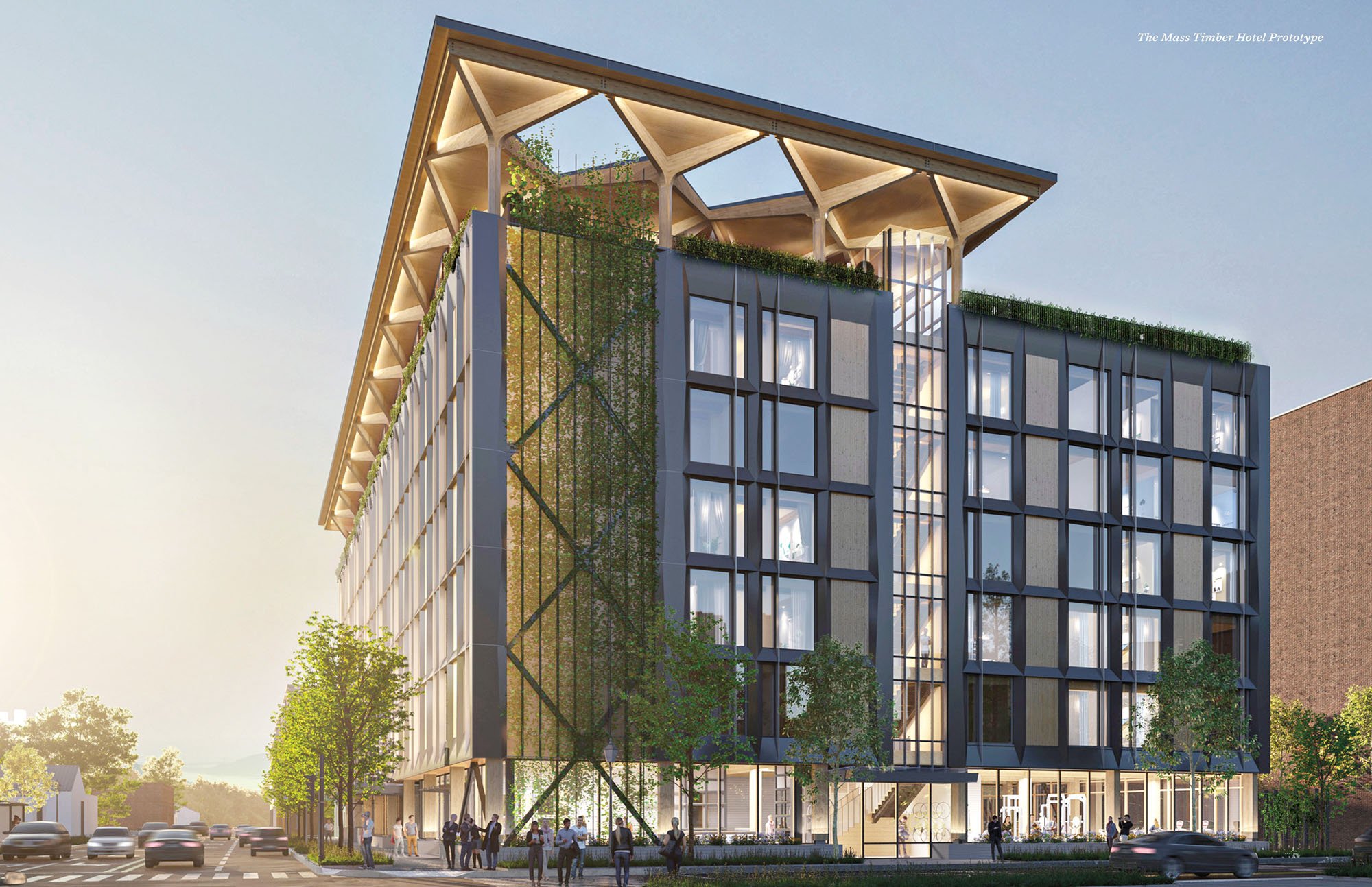 a rendering of the exterior of a mass timber hotel by DLR Group, a Metropolis Responsible Disruptors winner