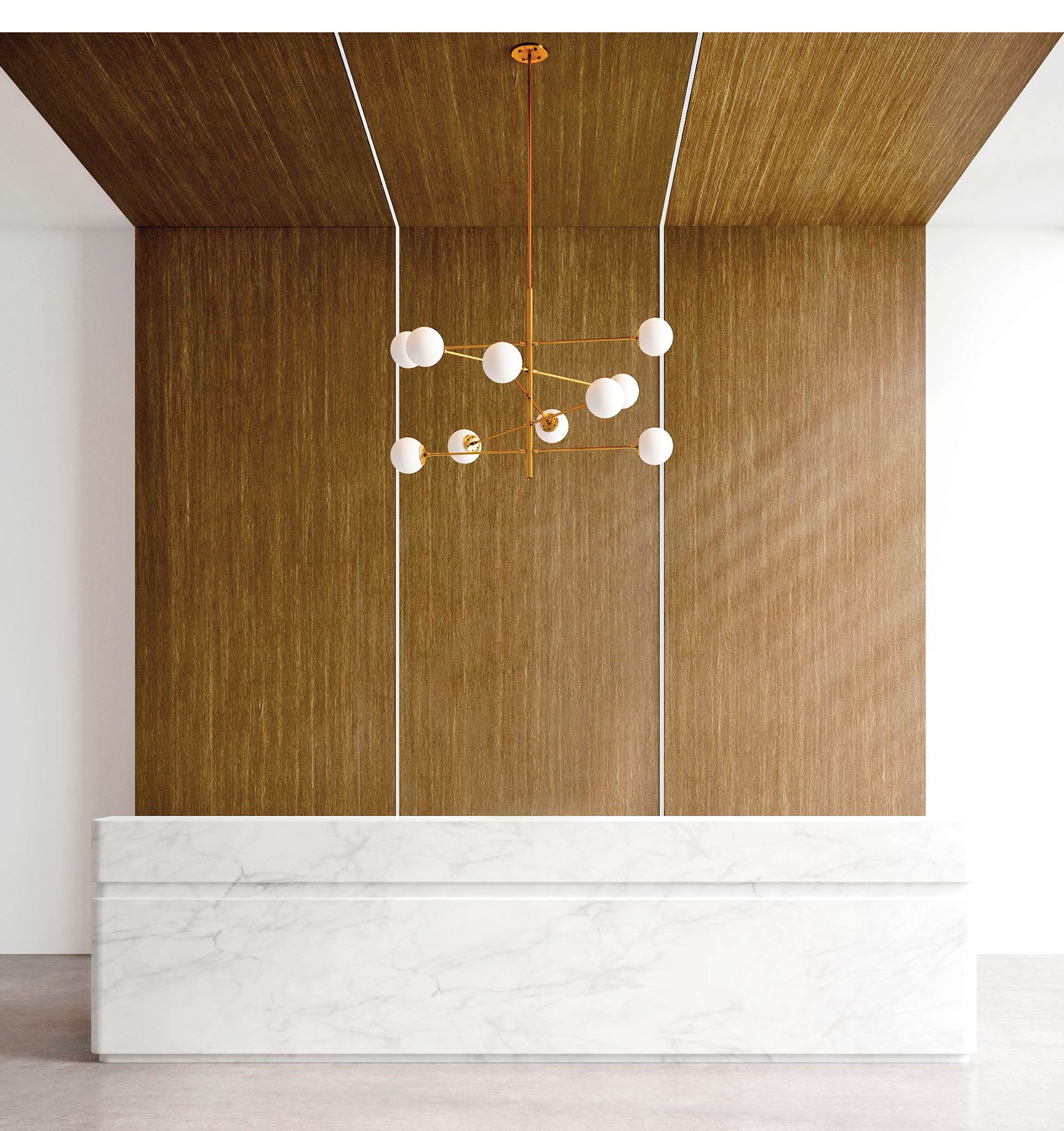 A dark wood like veneer covers the wall and ceiling with 2 white rims flowing through vertically showcasing a pendant light and a marble front desk. 
