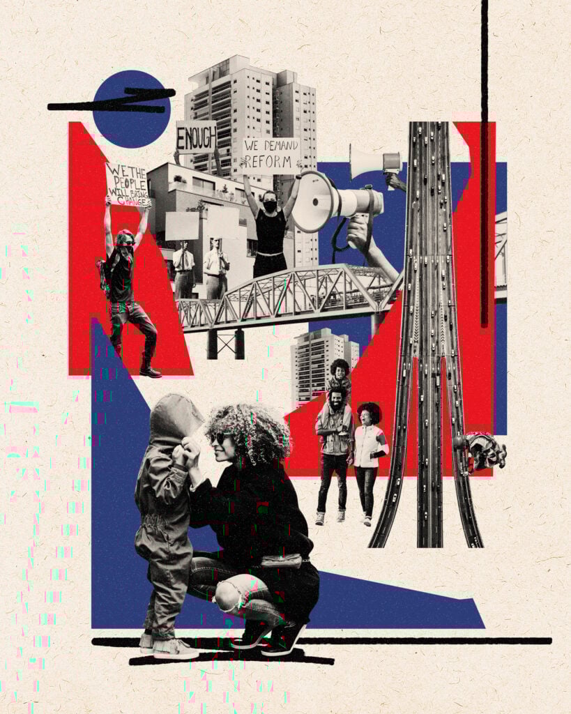 collage showing infrastructure, buildings, and people