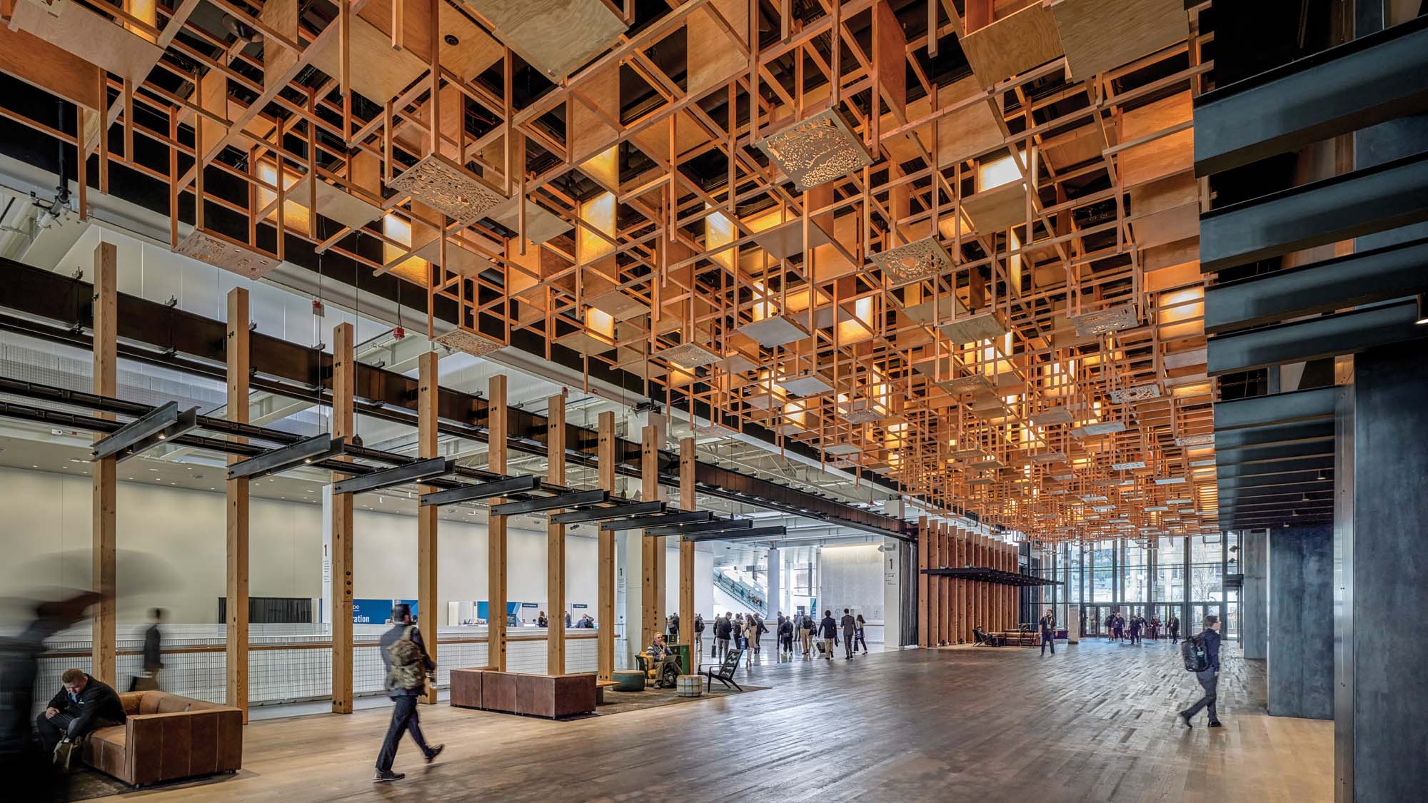 Convention center hallway with wood ceiling detail