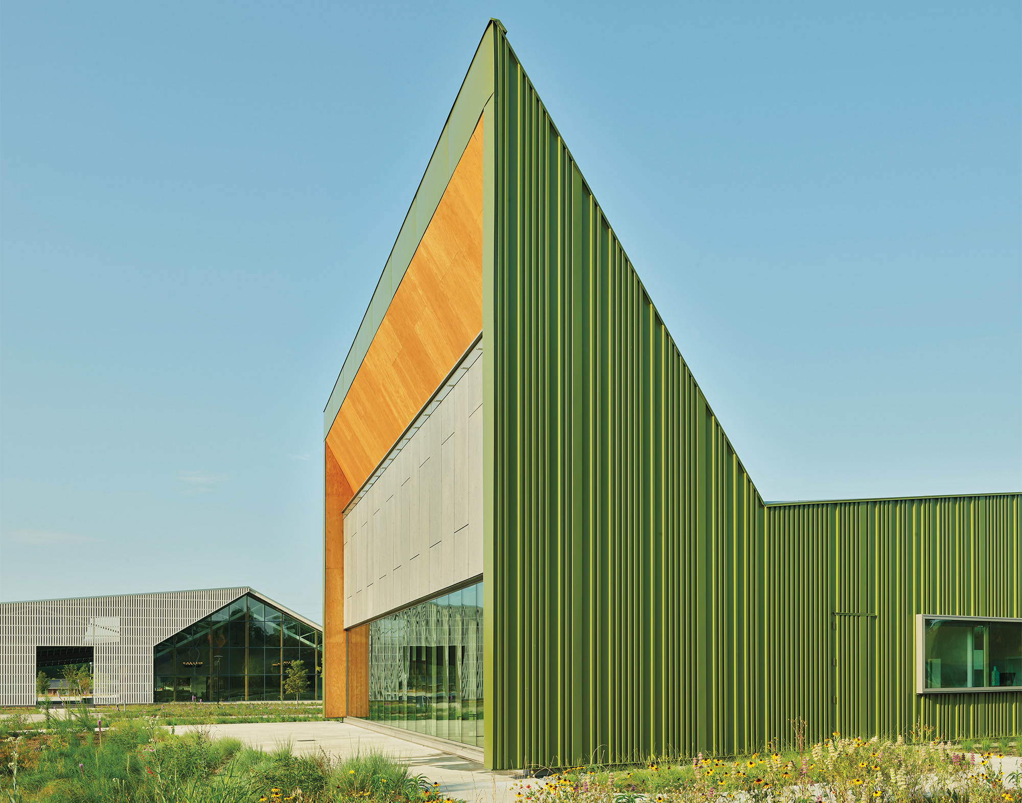 A stark green angular building exterior with a yellow wood rim as the frame of the Reels Art and Administration Building by Marlon Blackwell Architects. 